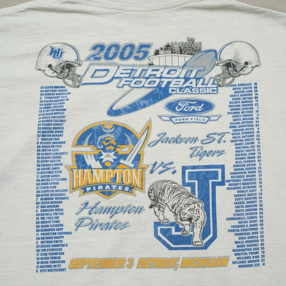 Vintage Y2k 2005 Detroit Football Hampton Pirates Jackson St Tigers T Shirt 2Xl